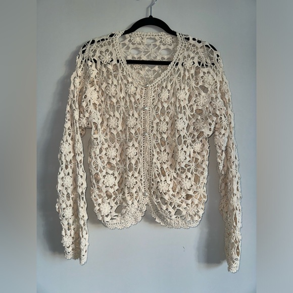 Vintage Handmade 80’s Cream Ivory Crochet Button Up Pearl Cotton Floral Cardigan - Picture 1 of 3